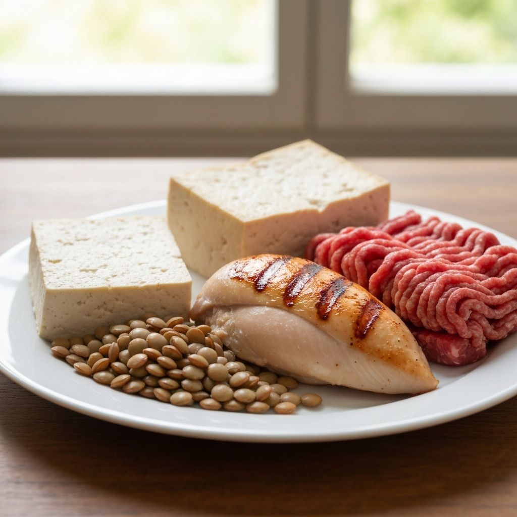 Protein sources including fish, chicken, and legumes